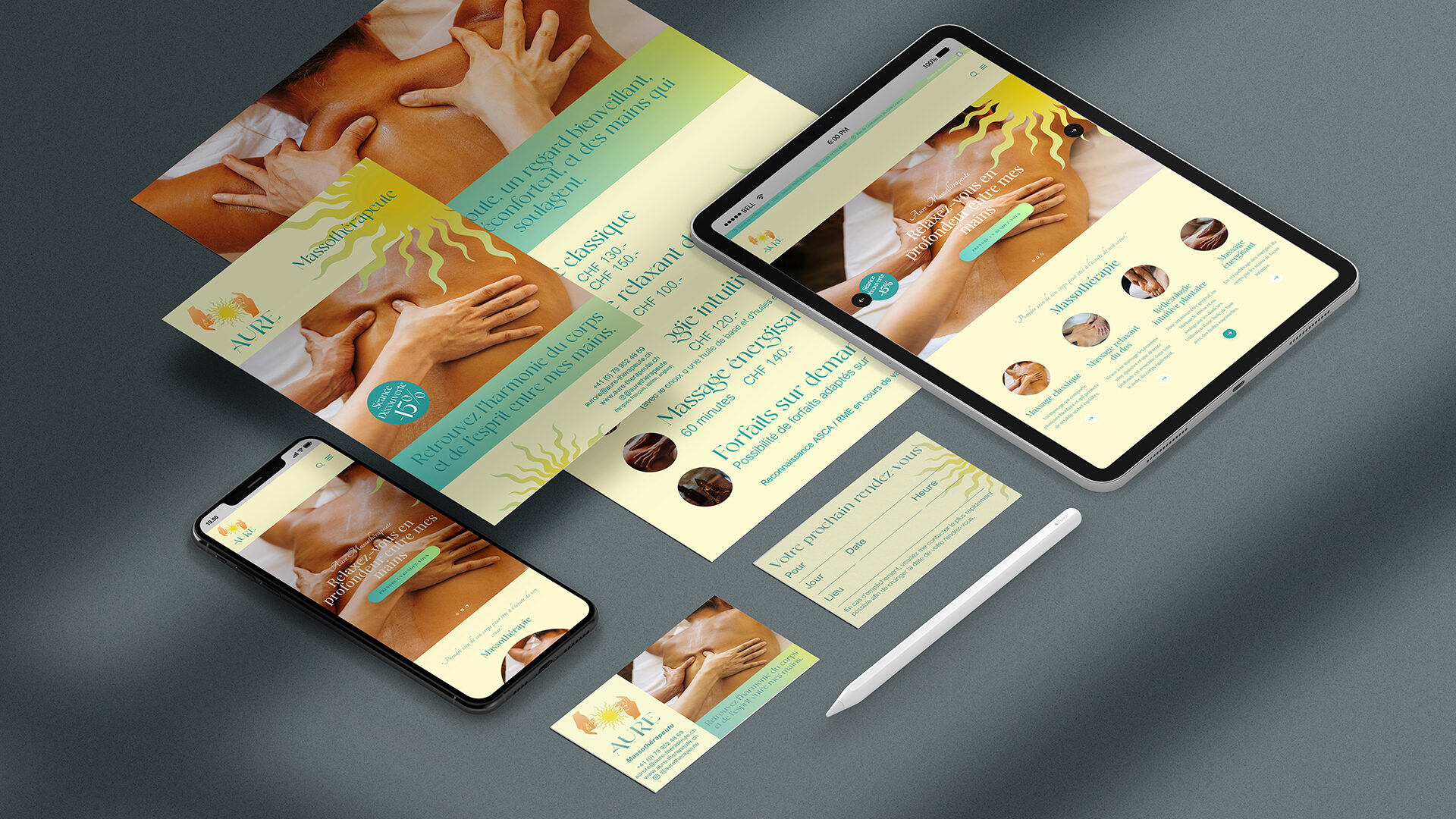 Vue d'ensemble complète du projet de branding 360° pour Aure Thérapeute, réunissant le logo, les supports print, le web design et la stratégie social media.