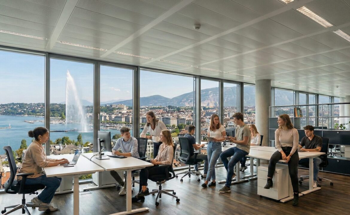 Collaborateurs d'Eazyone Agency en réunion dans un open space lumineux surplombant la ville de Genève et son Jet d'Eau