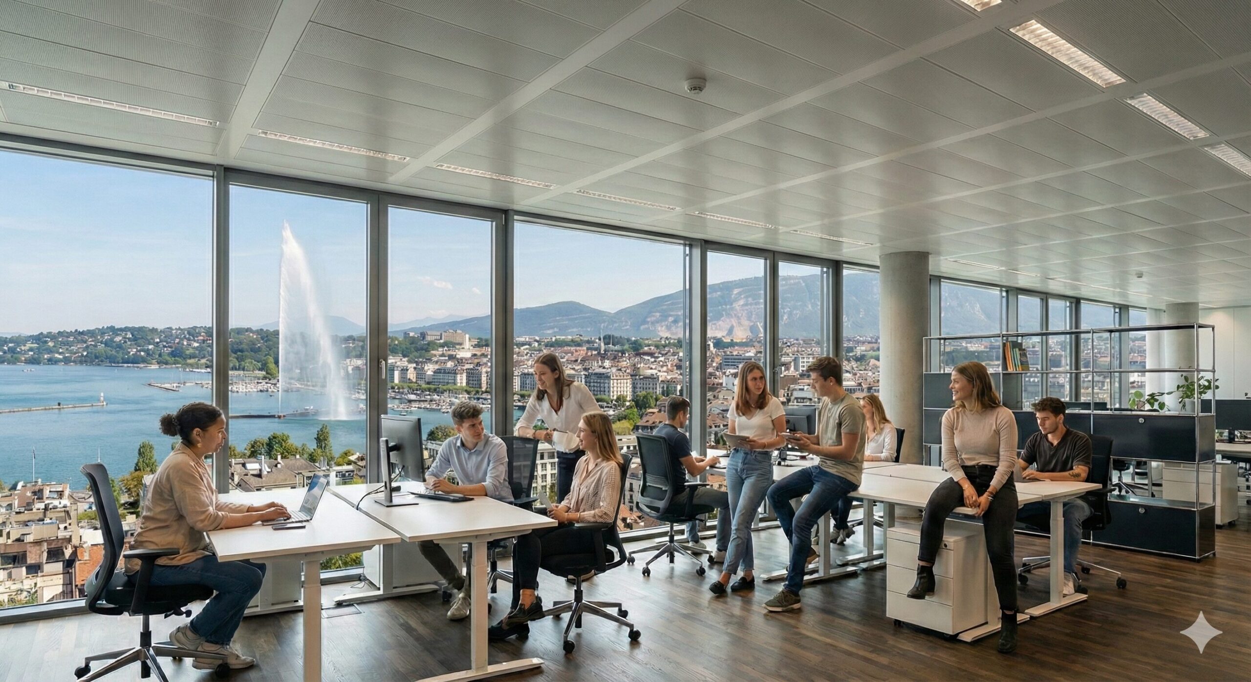 Collaborateurs d'Eazyone Agency en réunion dans un open space lumineux surplombant la ville de Genève et son Jet d'Eau