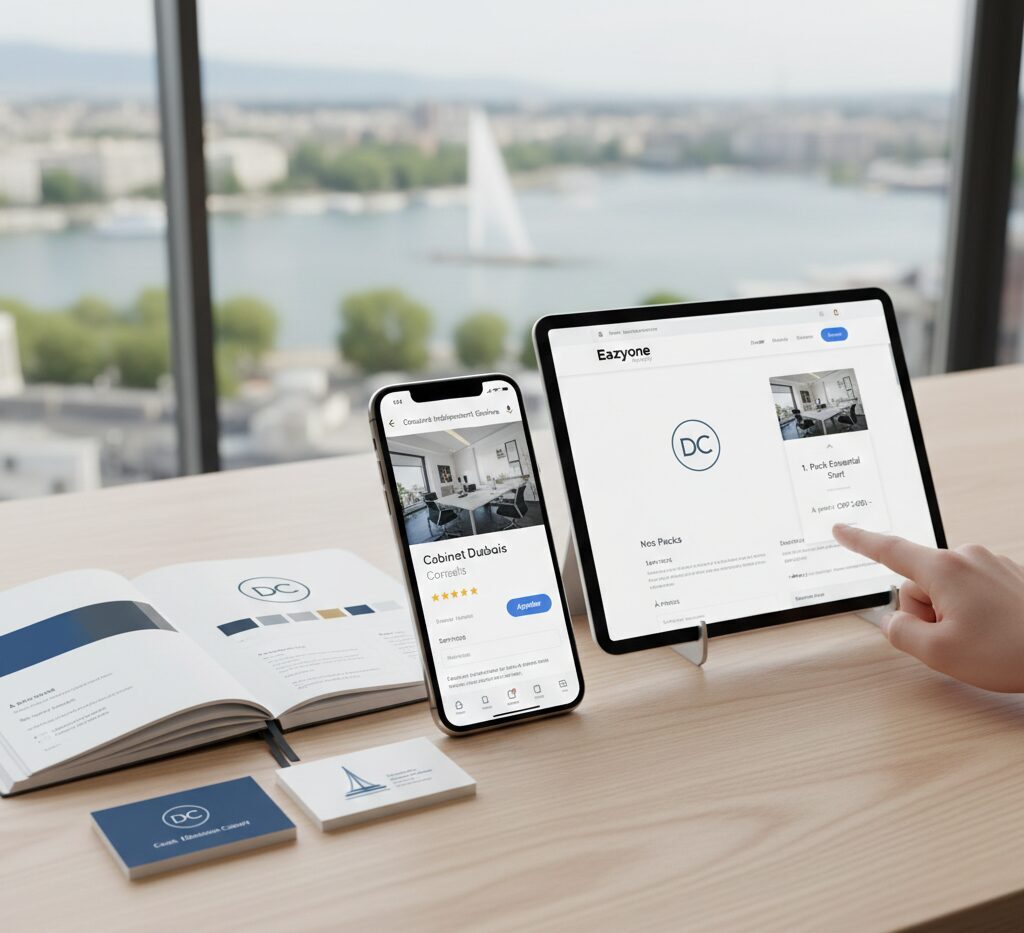 Mockup professionnel du Pack Essential Start par Eazyone Agency : présentation sur ordinateur portable et smartphone d'un site web moderne, d'un logo épuré et d'une palette de couleurs pour entrepreneur à Genève. Design minimaliste et premium.