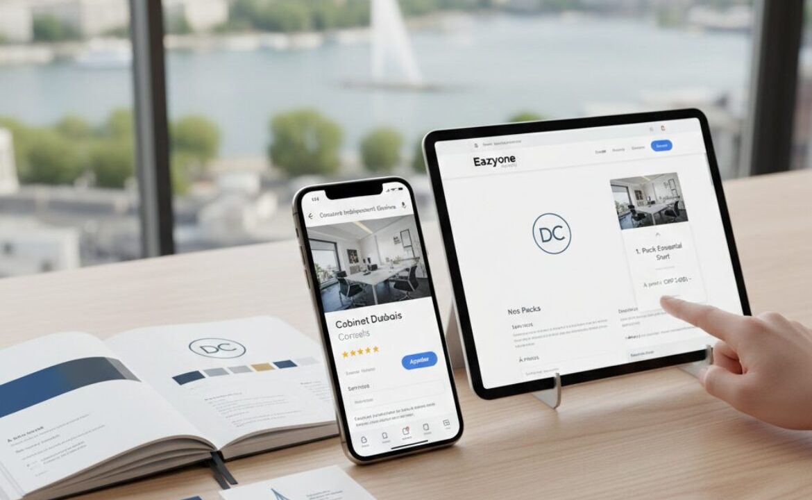 Mockup professionnel du Pack Essential Start par Eazyone Agency : présentation sur ordinateur portable et smartphone d'un site web moderne, d'un logo épuré et d'une palette de couleurs pour entrepreneur à Genève. Design minimaliste et premium.